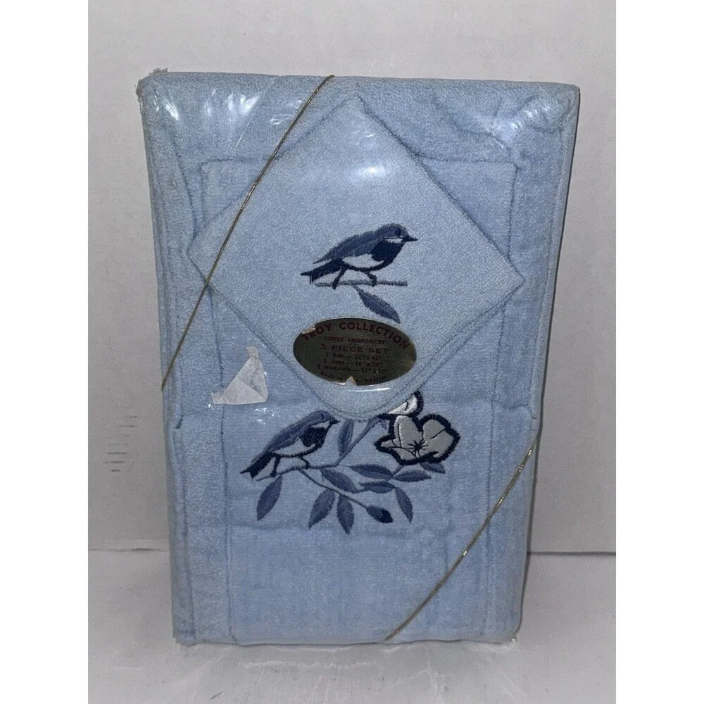 Vintage Troy Collection 3 Pc Blue Bird Floral Embroidered Towel Set NOS USA